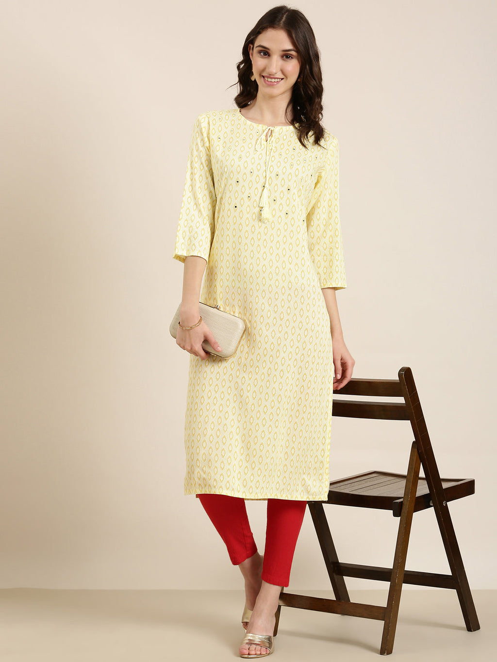 Women's Yellow Geometric Printed Thread Work Straight Kurta