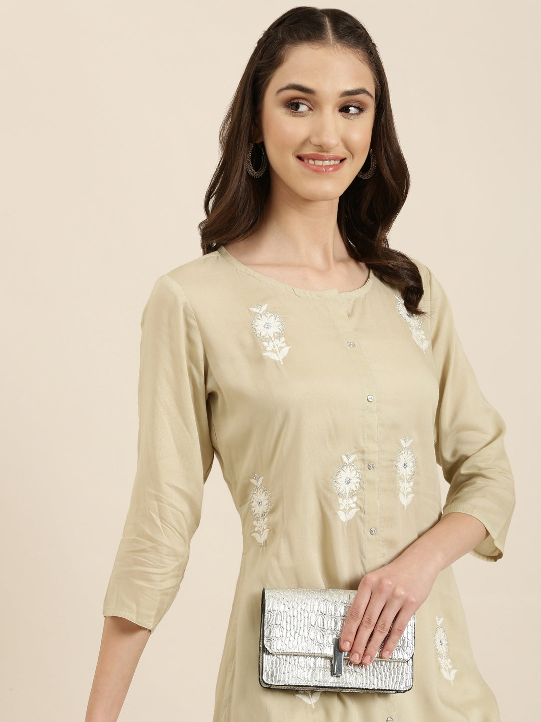 Women's Beige Floral Embroidered Sequinned A-Line Kurta