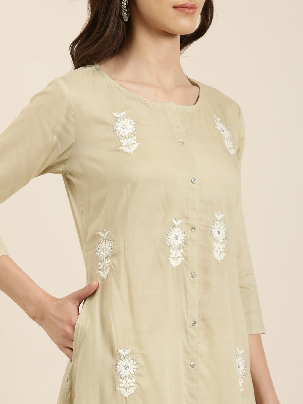 Women's Beige Floral Embroidered Sequinned A-Line Kurta