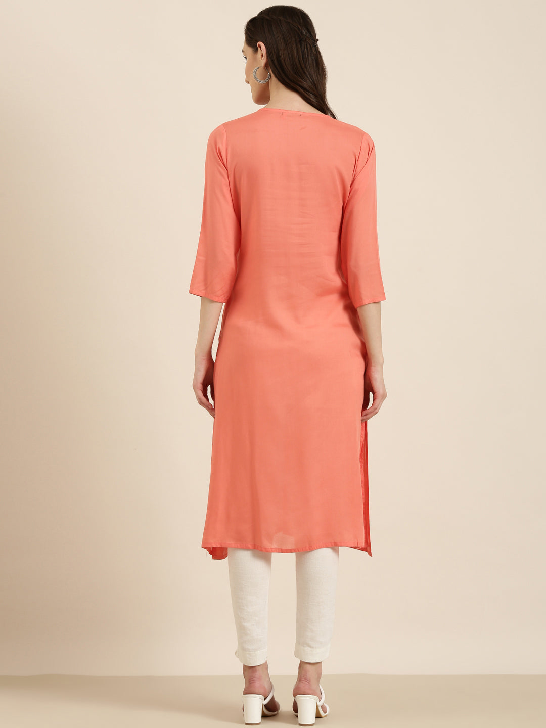 Women's Coral Floral Embroidered Thread Work A-Line Kurta