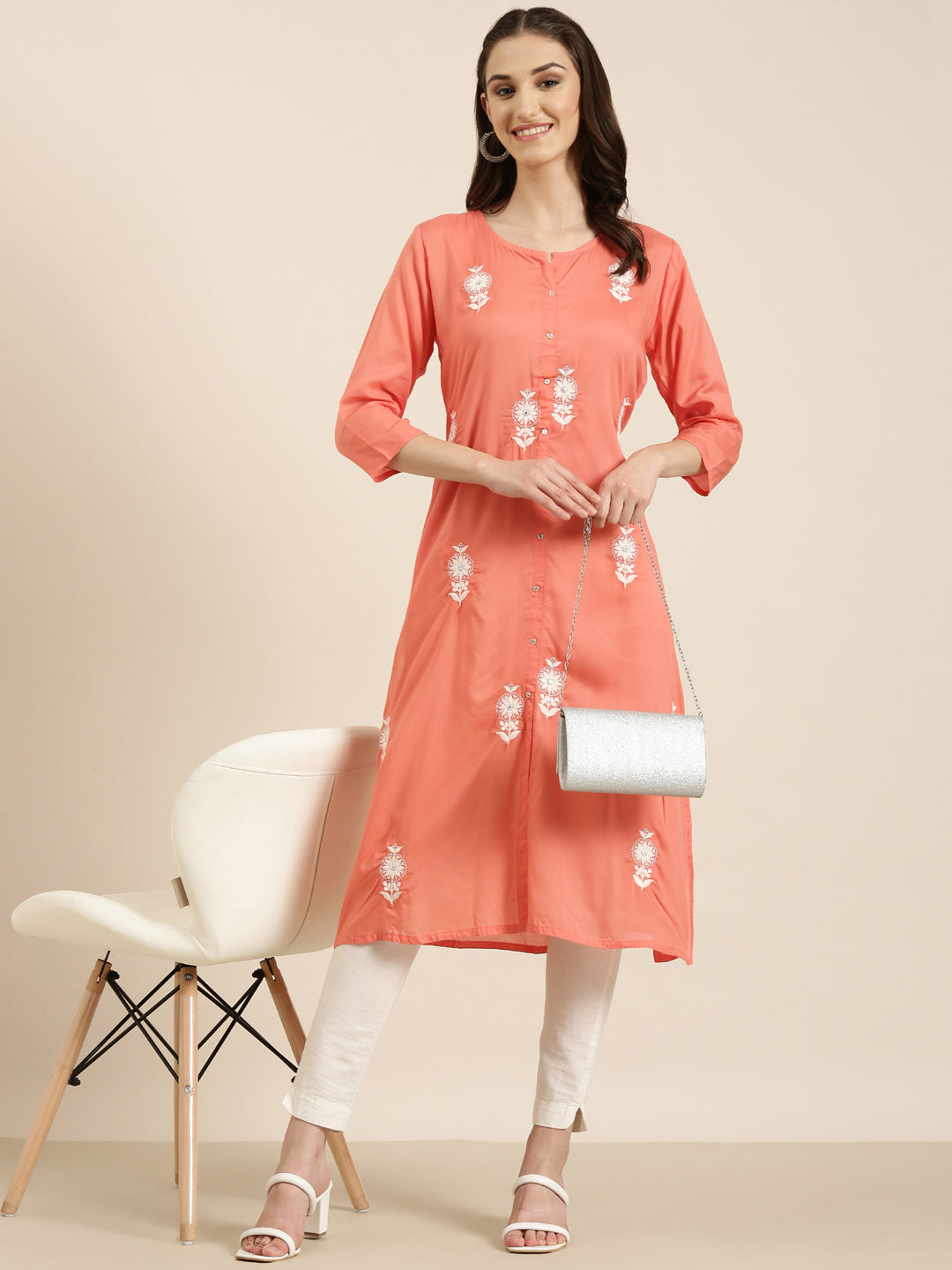 Women's Coral Floral Embroidered Thread Work A-Line Kurta