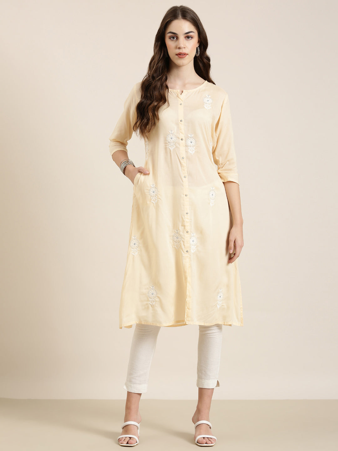 Women's Peach Floral Embroidered A-Line Kurta