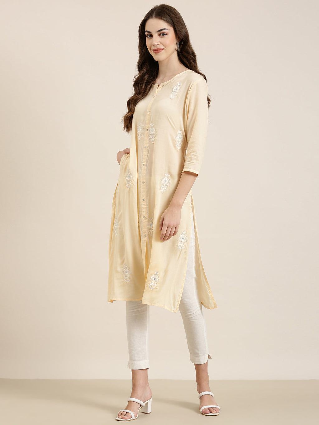 Women's Peach Floral Embroidered A-Line Kurta