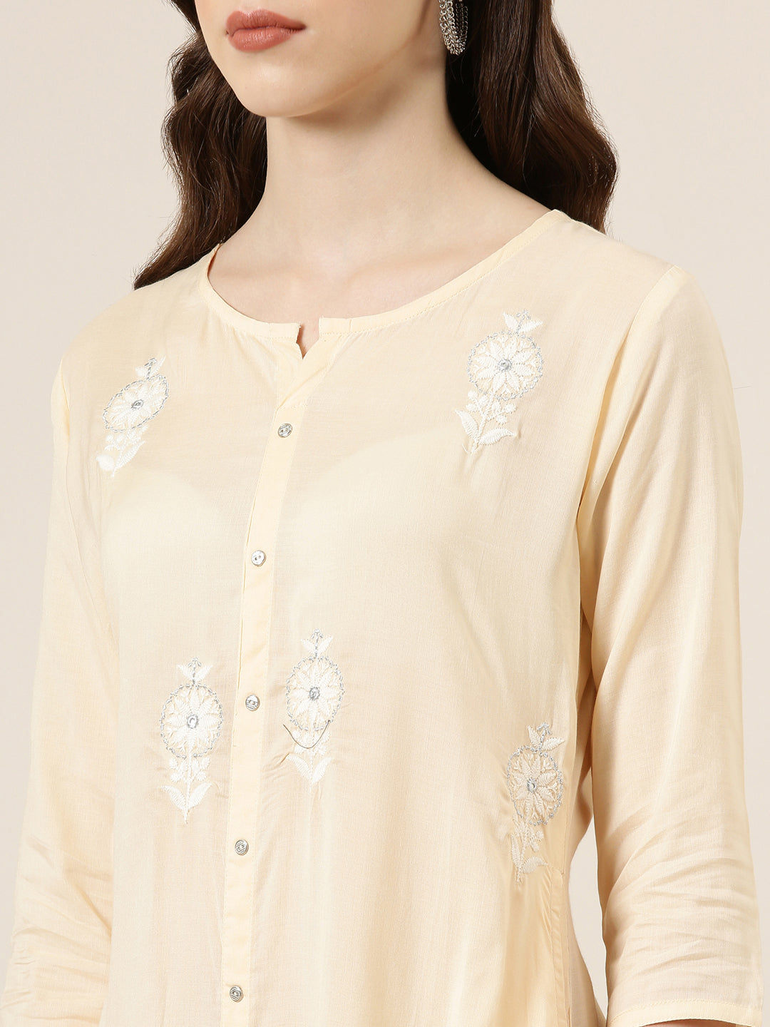 Women's Peach Floral Embroidered A-Line Kurta