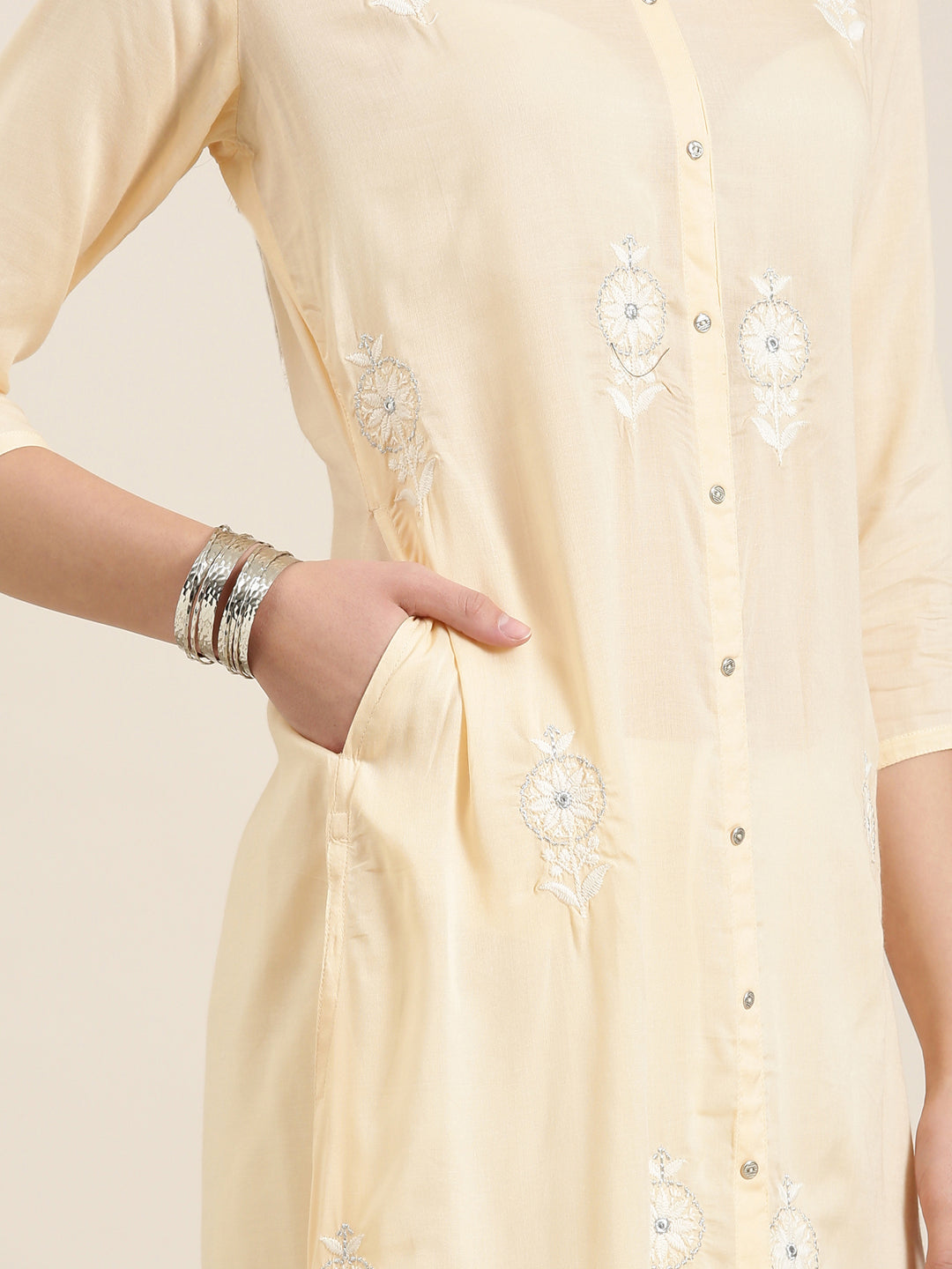 Women's Peach Floral Embroidered A-Line Kurta
