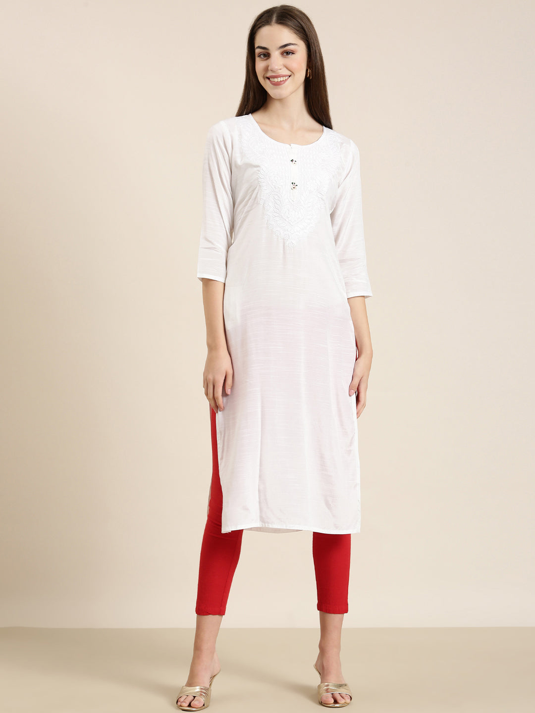 Women's White Ethnic Motifs Straight Thread Work Kurta