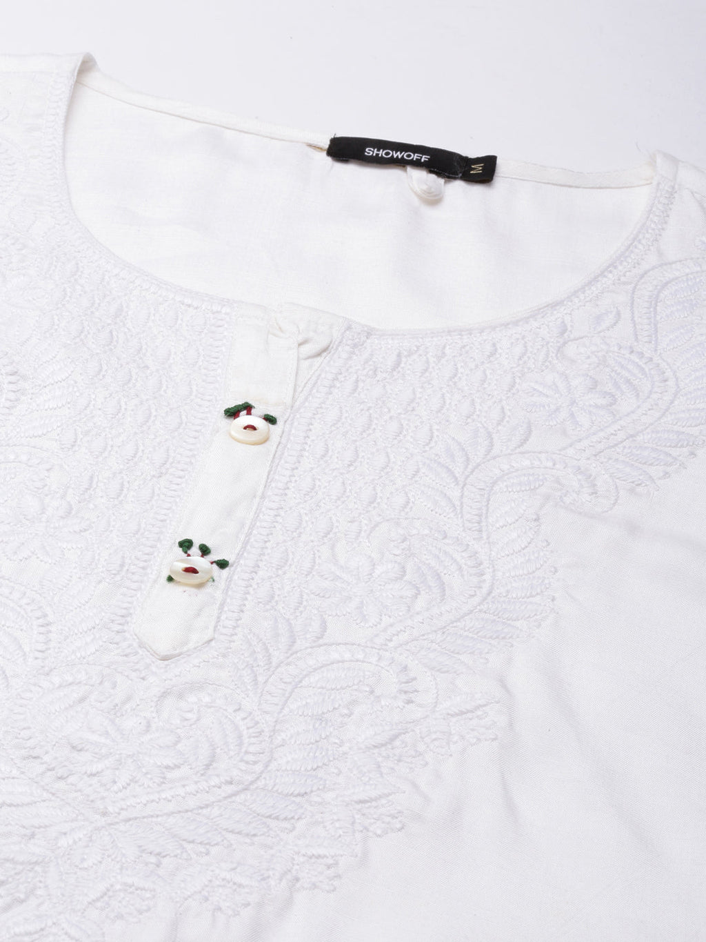 Women's White Ethnic Motifs Straight Thread Work Kurta