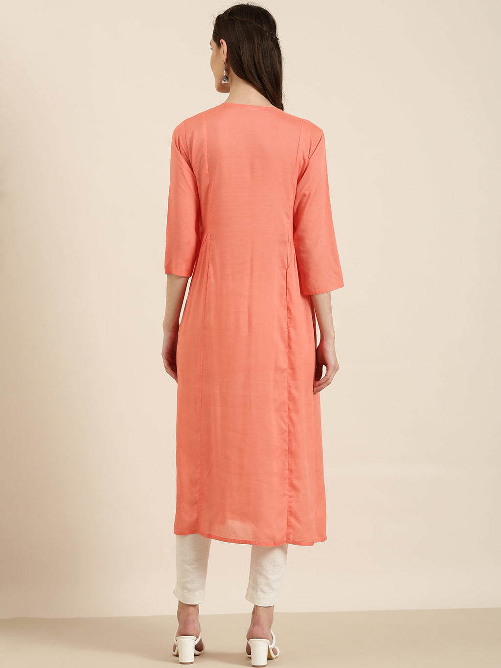 Women's Coral Floral Embroidered Cotton A-Line Kurta