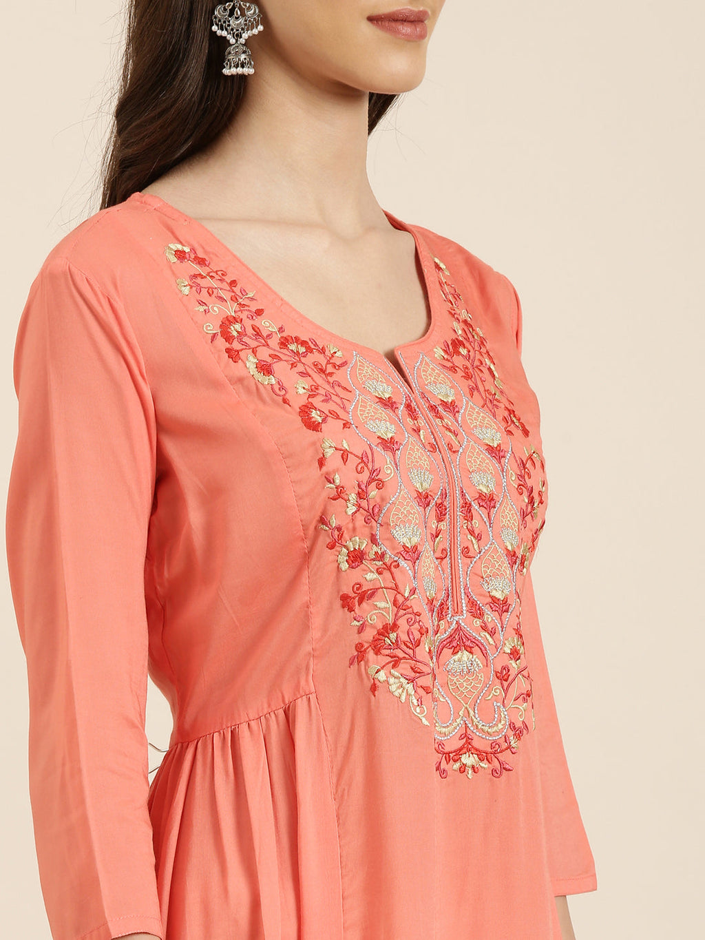 Women's Coral Floral Embroidered Cotton A-Line Kurta