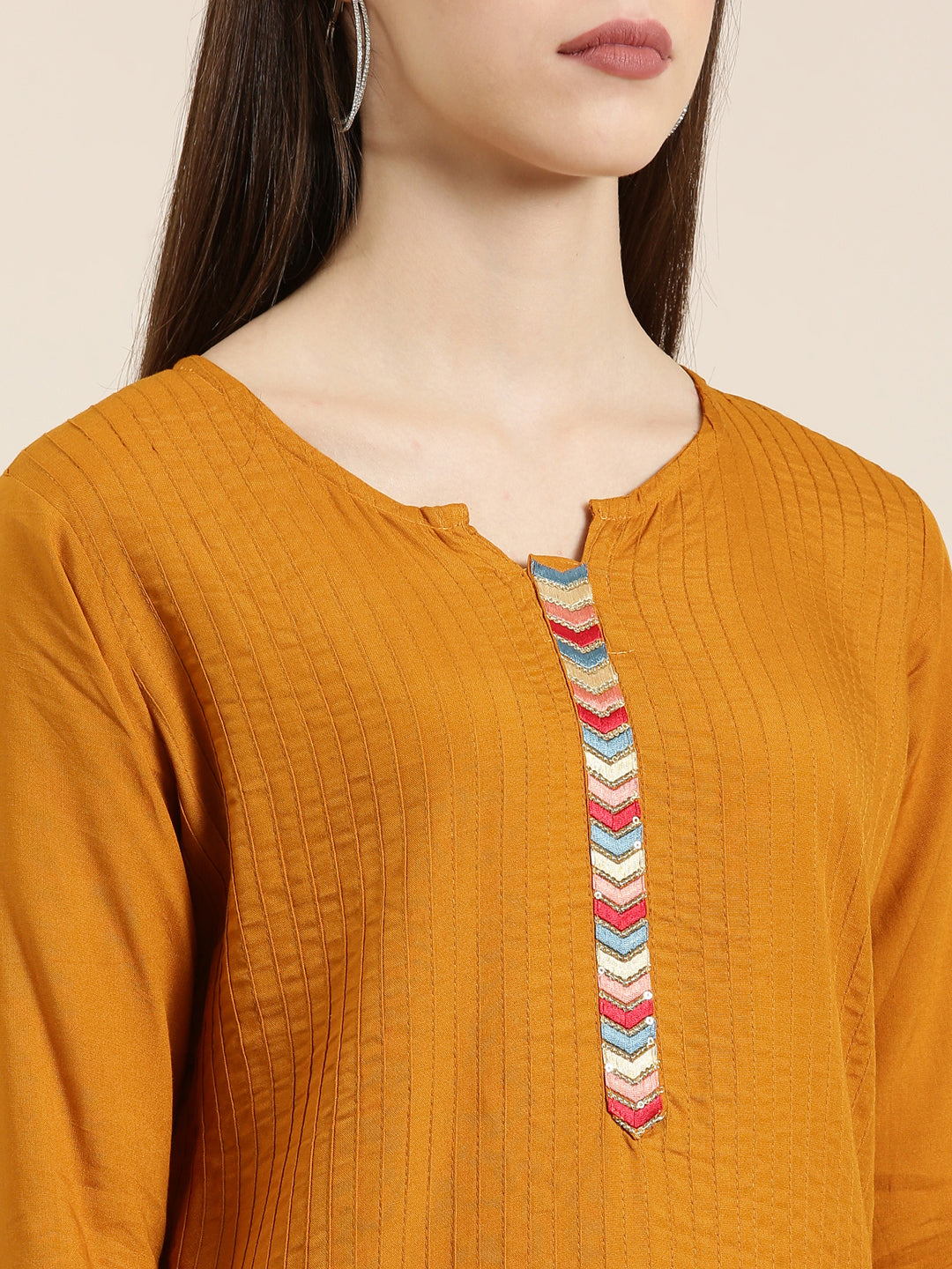 Women's Mustard Round Neck Straight Kurta