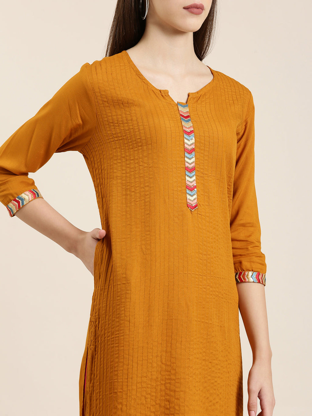 Women's Mustard Round Neck Straight Kurta