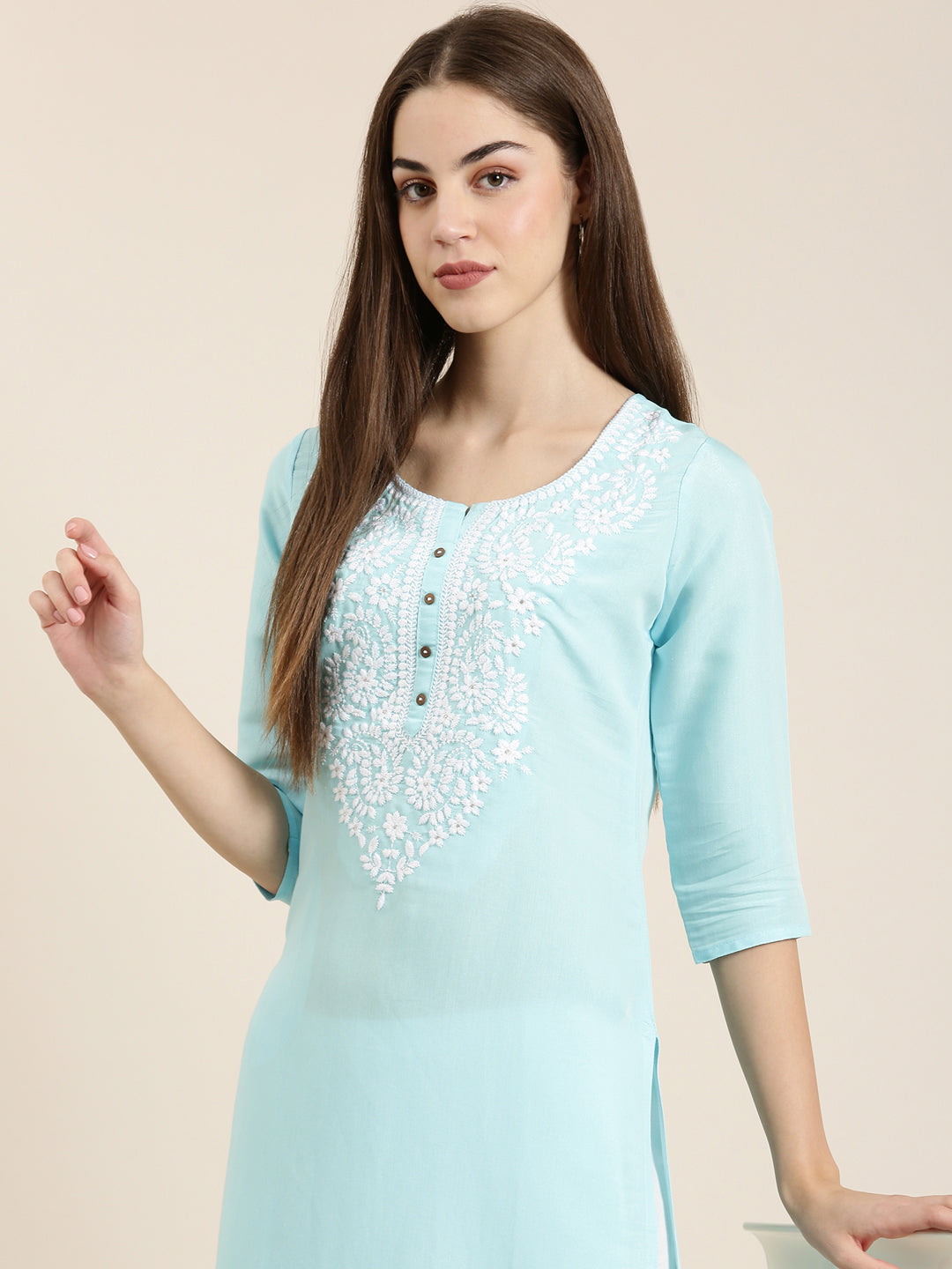 Women's Blue Floral Embroidered Thread Work Cotton Straight Kurta