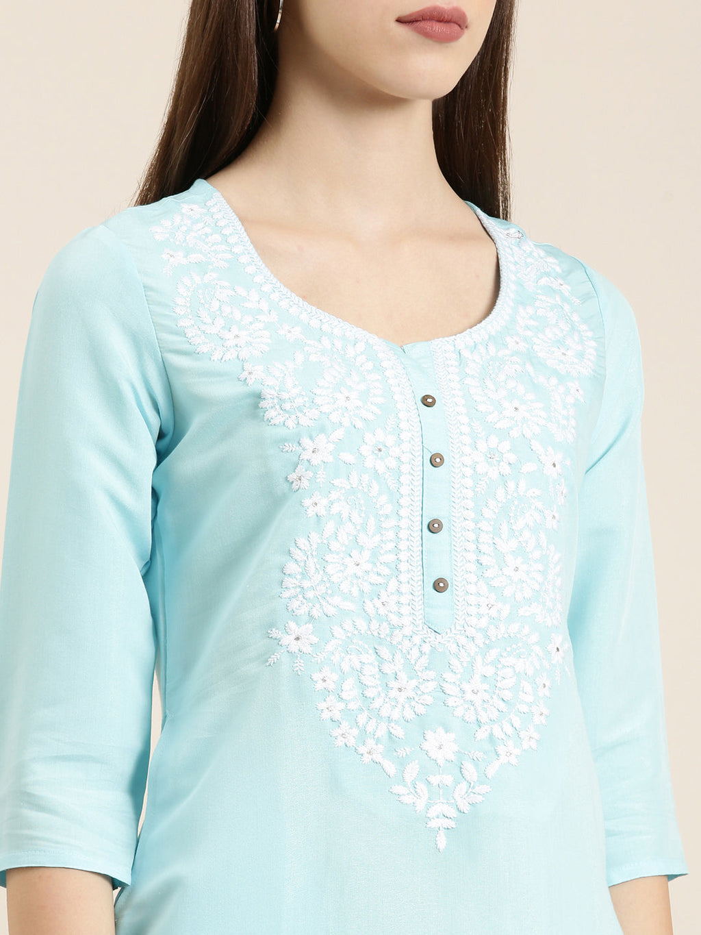 Women's Blue Floral Embroidered Thread Work Cotton Straight Kurta