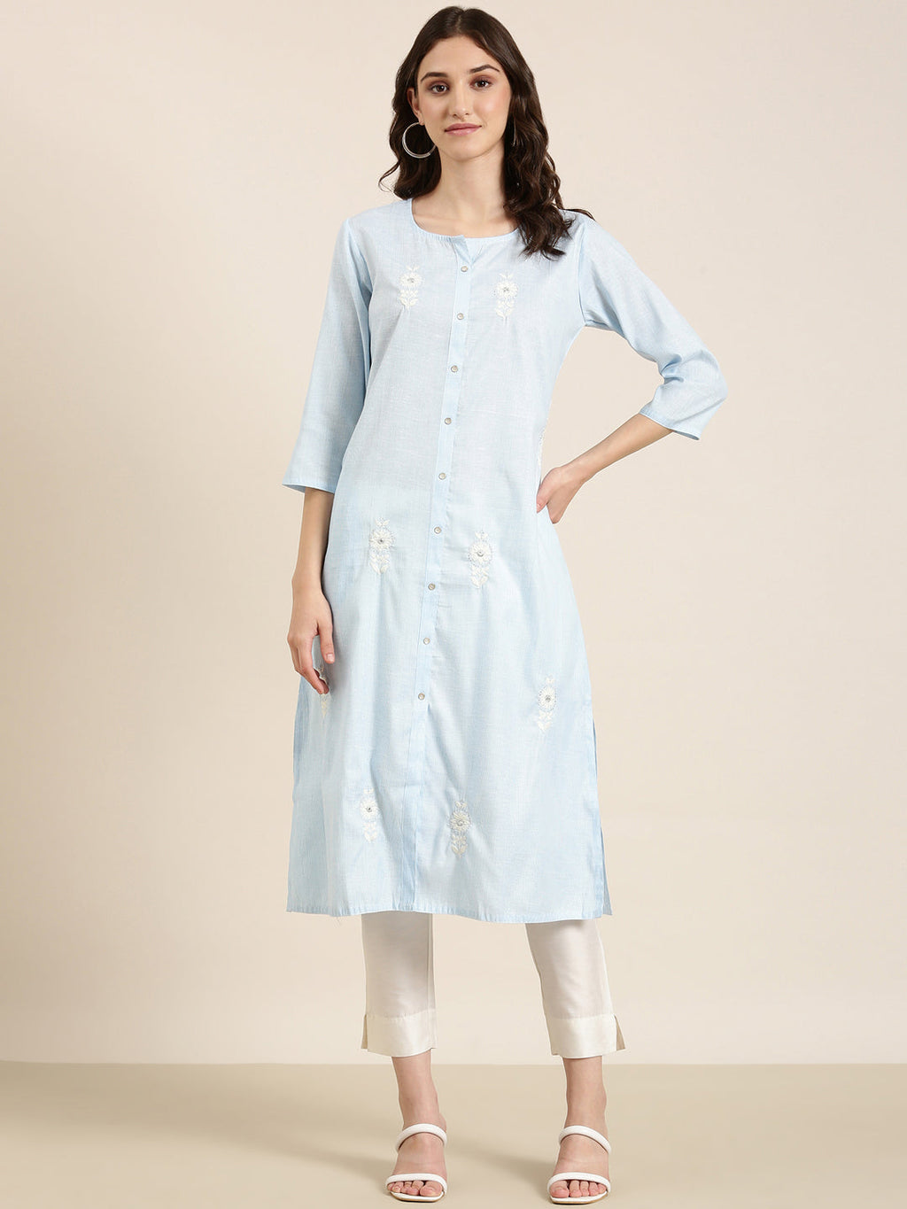 Women's Blue Thread Work Straight Kurta