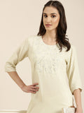 Women's Cream Floral Embroidered Straight Kurta