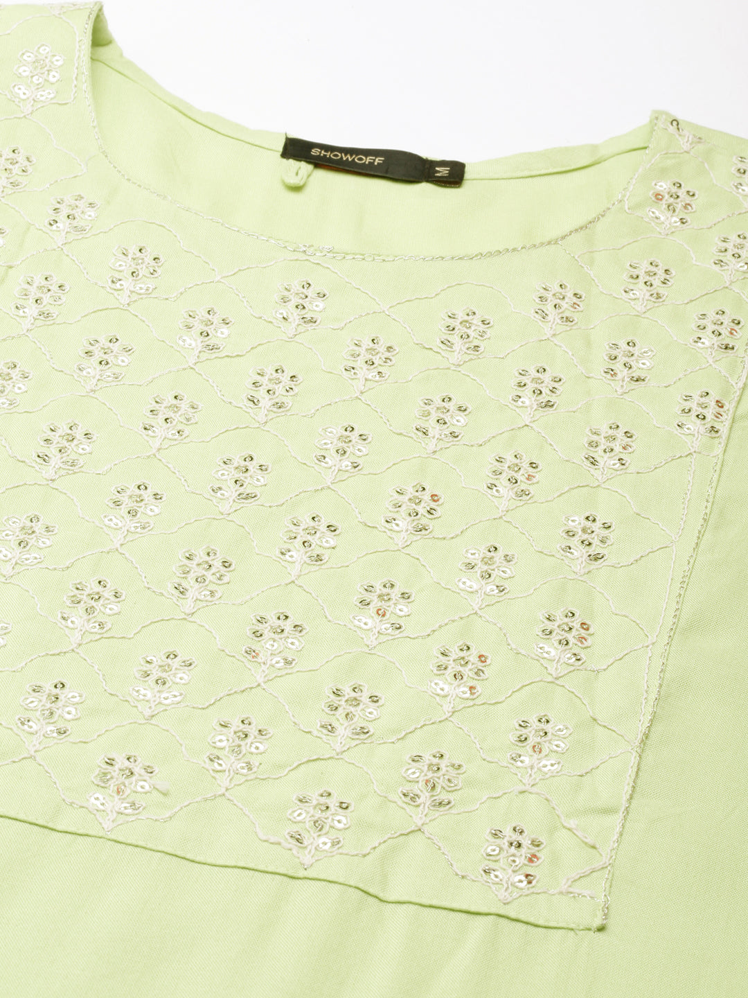 Women's Lime Green Sequinned Round Neck Straight Kurta