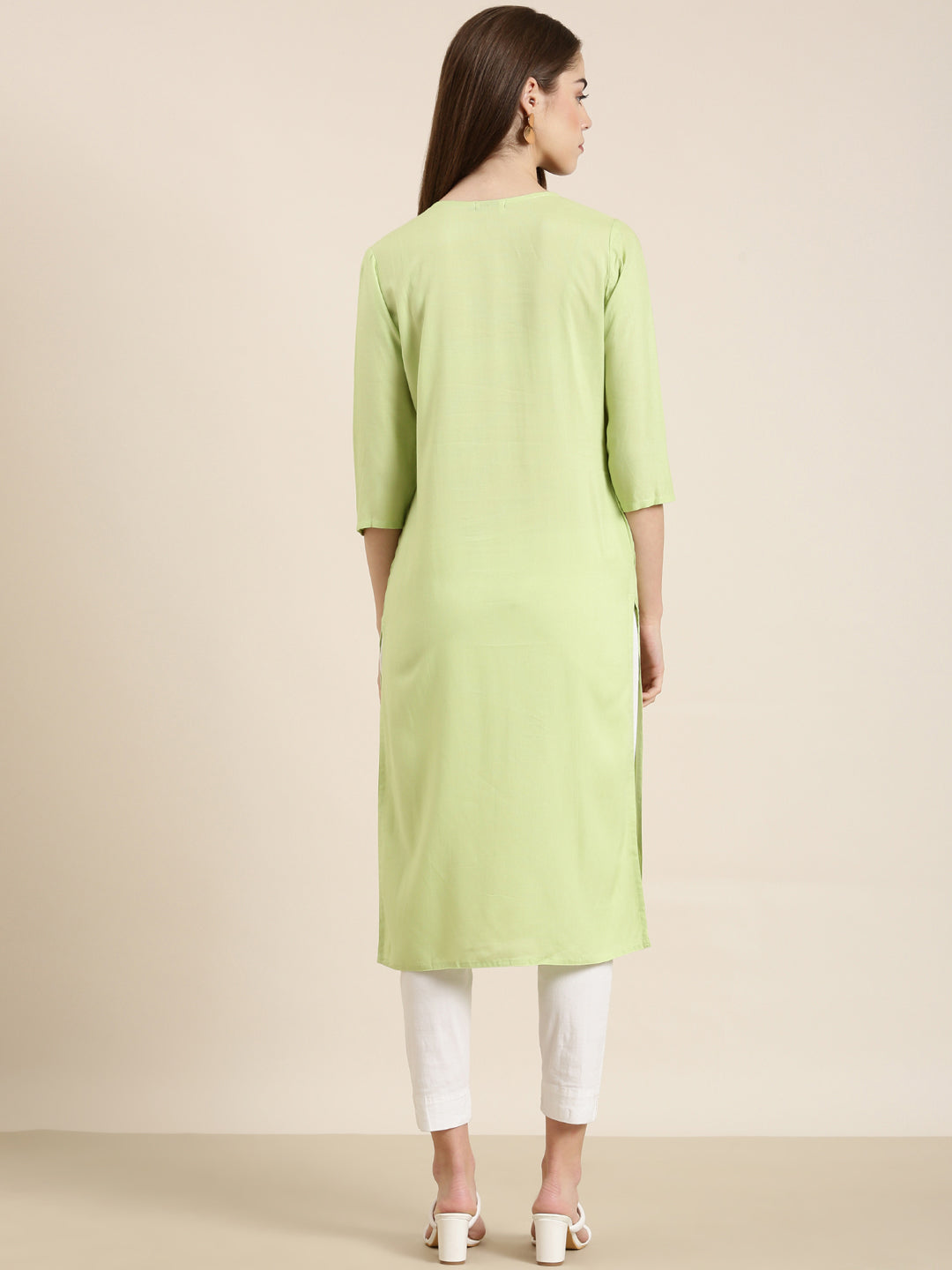 Women's Lime Green Sequinned Round Neck Straight Kurta