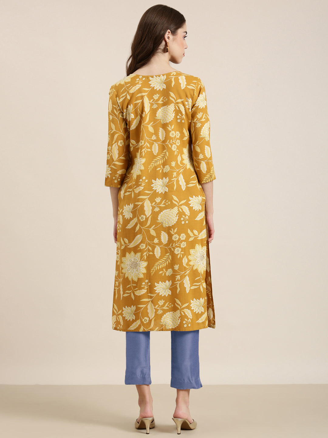 Women's Mustard Floral Printed Gotta Pati Straight Kurta