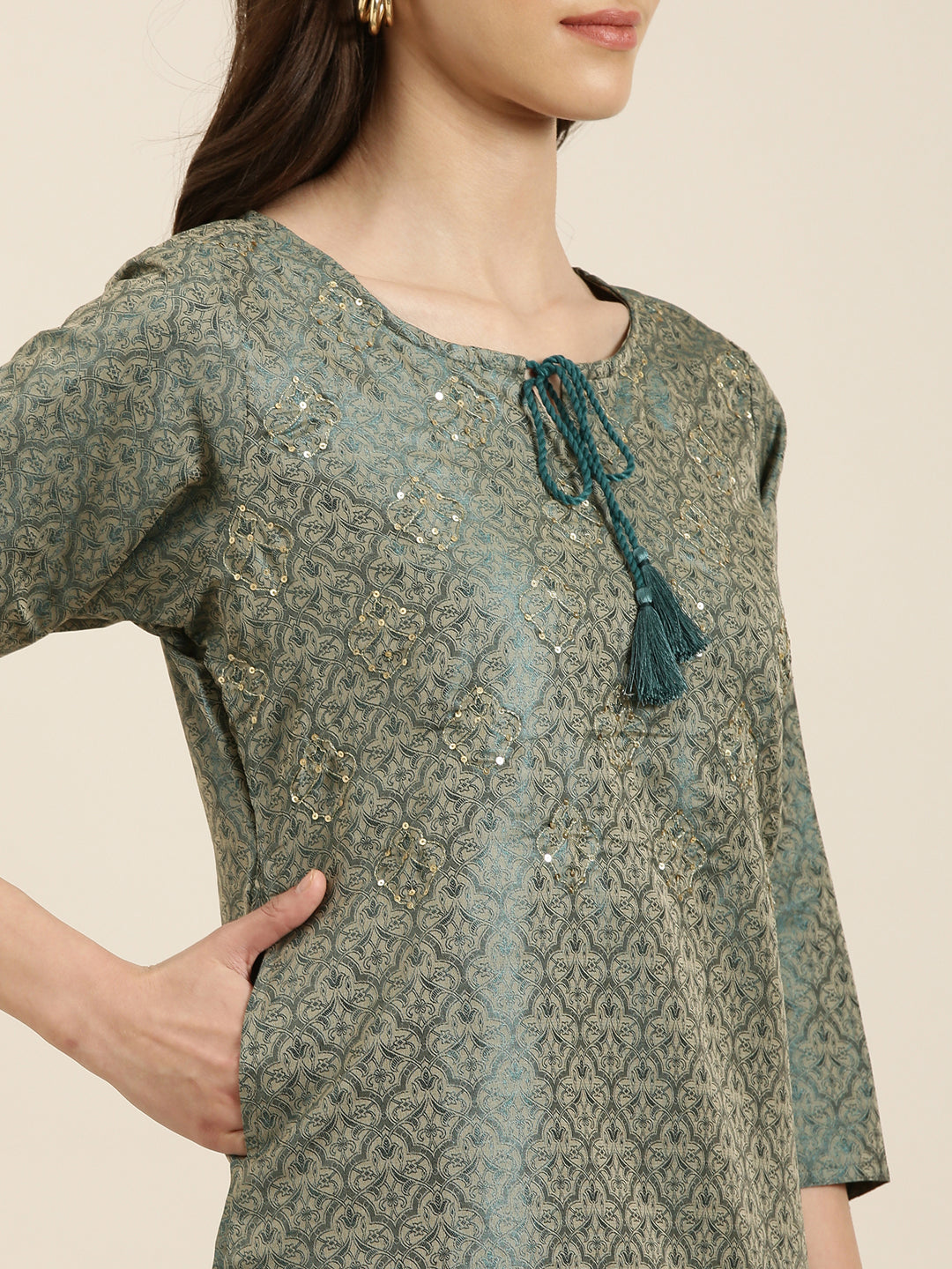 Women's Teal Floral Printed Tie-Up Neck Thread Work Straight Kurta