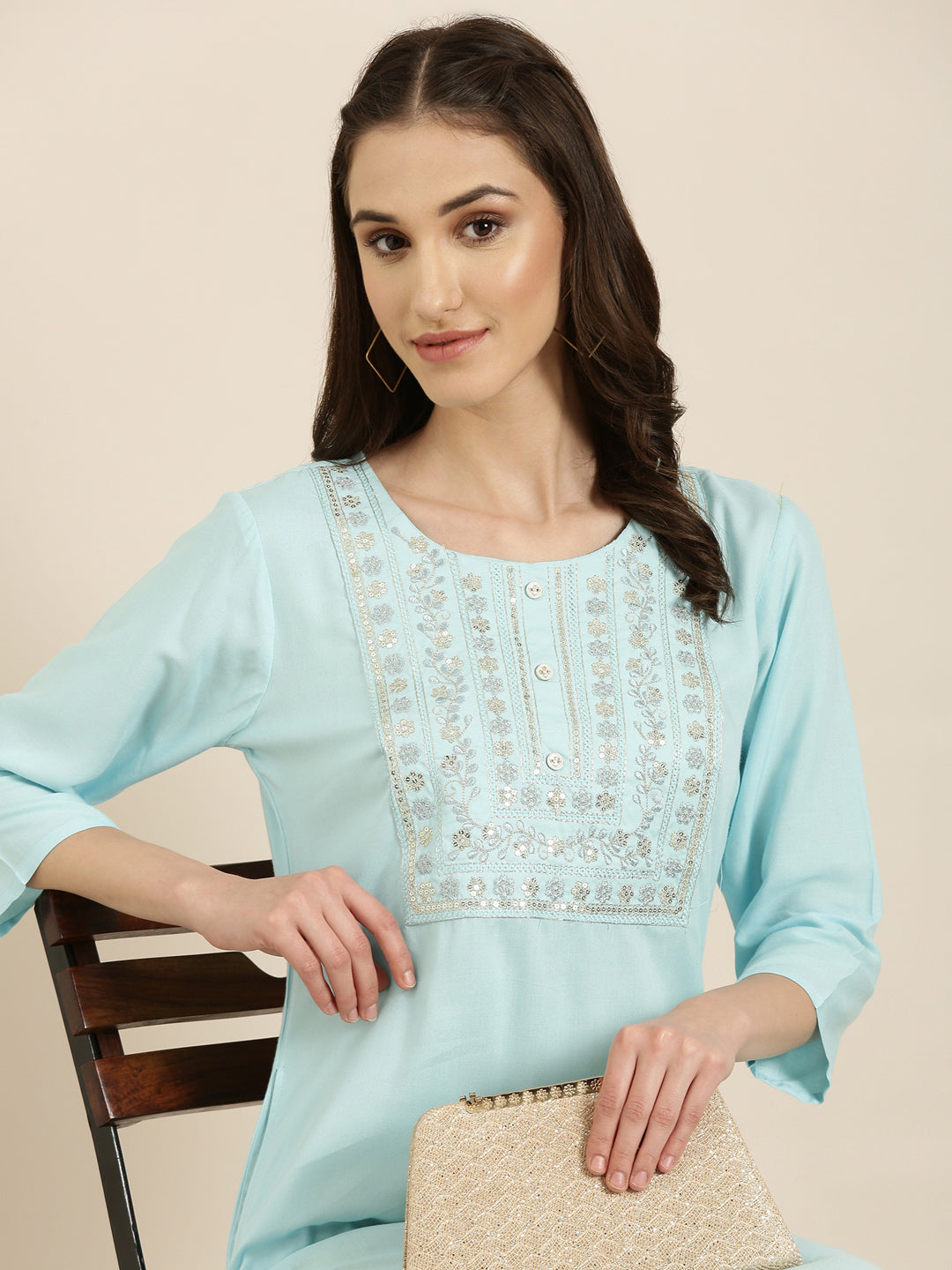 Women's Blue Floral Yoke Design Sequinned Kurta