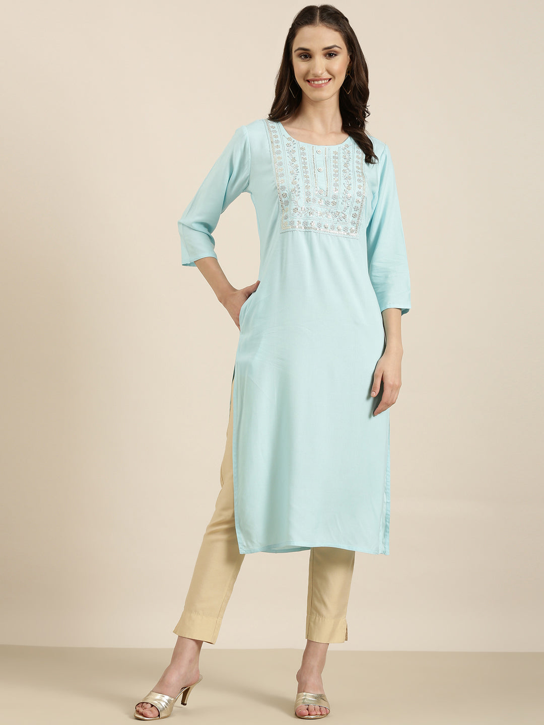 Women's Blue Floral Yoke Design Sequinned Kurta