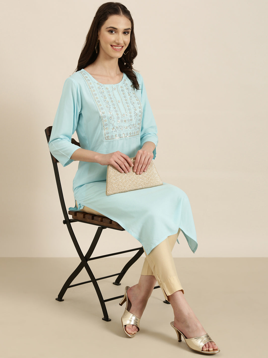 Women's Blue Floral Yoke Design Sequinned Kurta