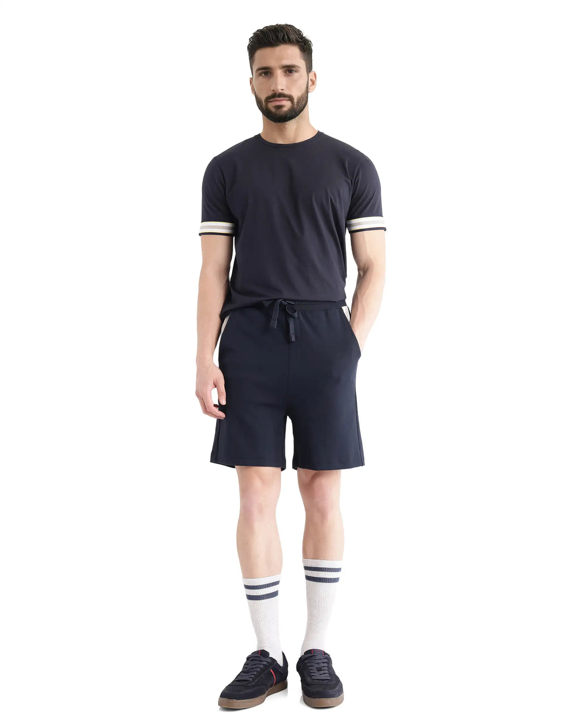 Rare Rabbit Men's Obl Navy Cotton Blend Plain Relaxed Fit Shorts