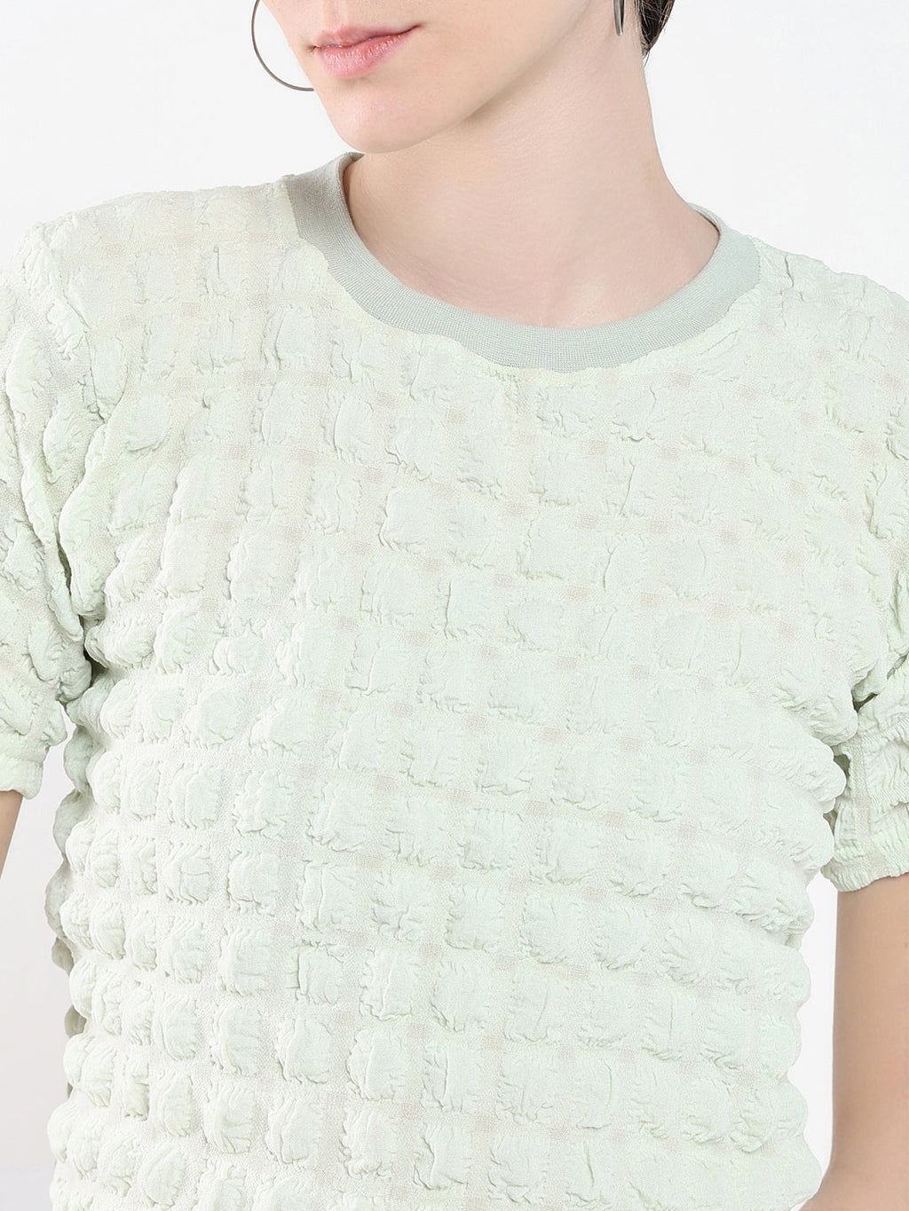 Women's Green Self Design Round Neck Acrylic Top