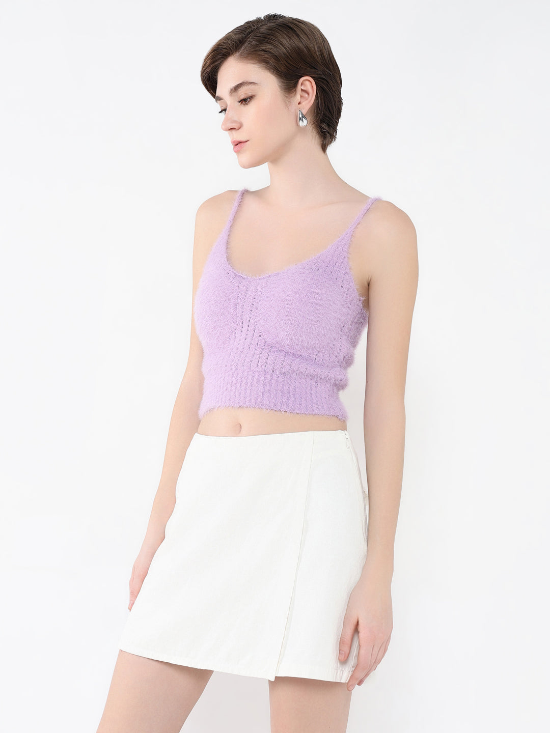 Women's Purple Self Design Shoulder Straps Acrylic Top