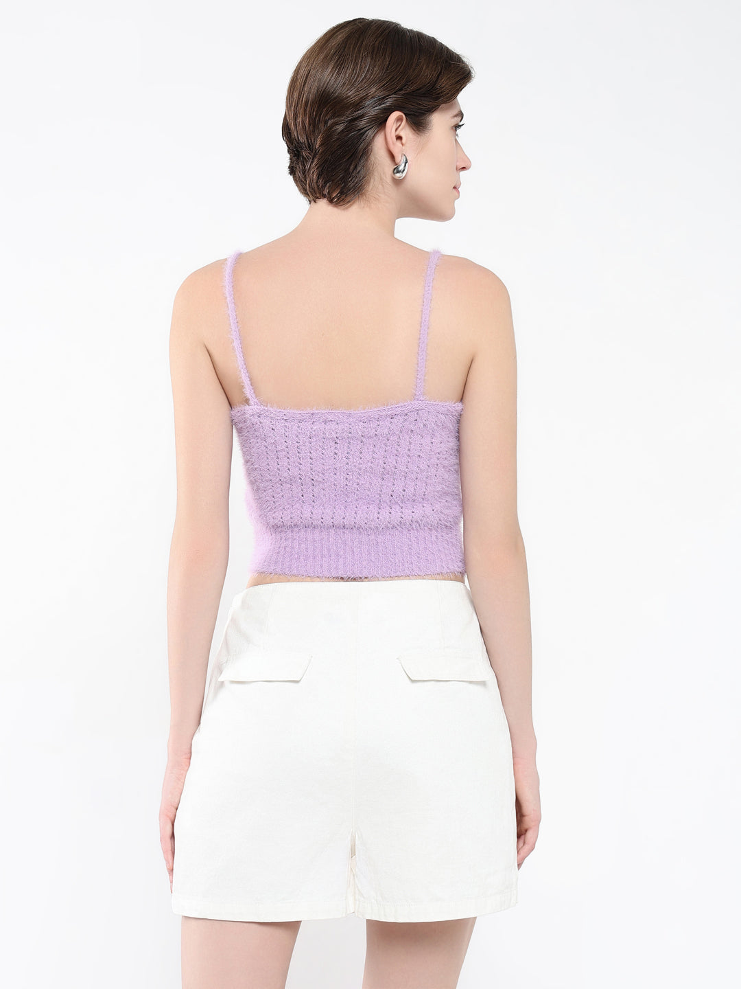 Women's Purple Self Design Shoulder Straps Acrylic Top