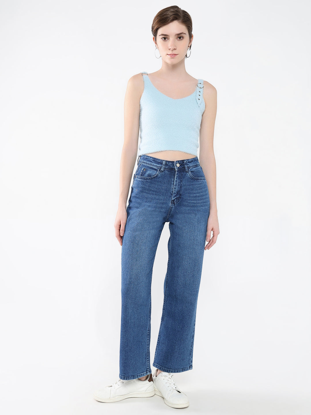 Women's Blue Self Design Scoop Neck Acrylic Top
