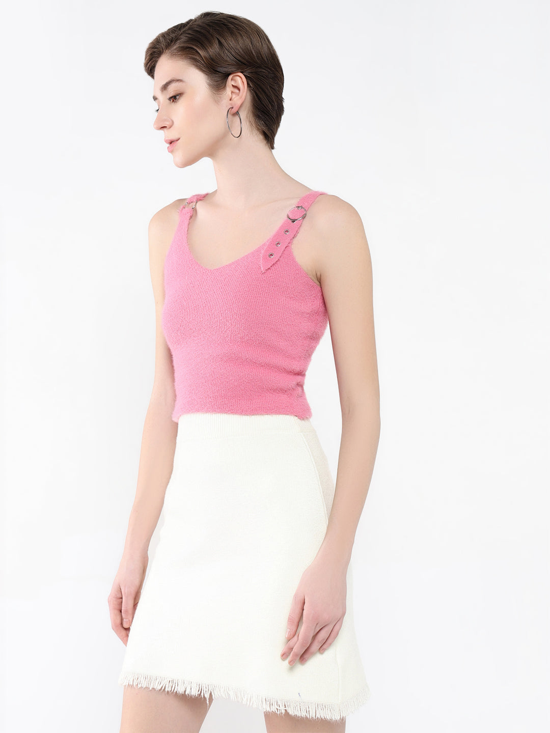 Women's Pink Self Design Scoop Neck Acrylic Top