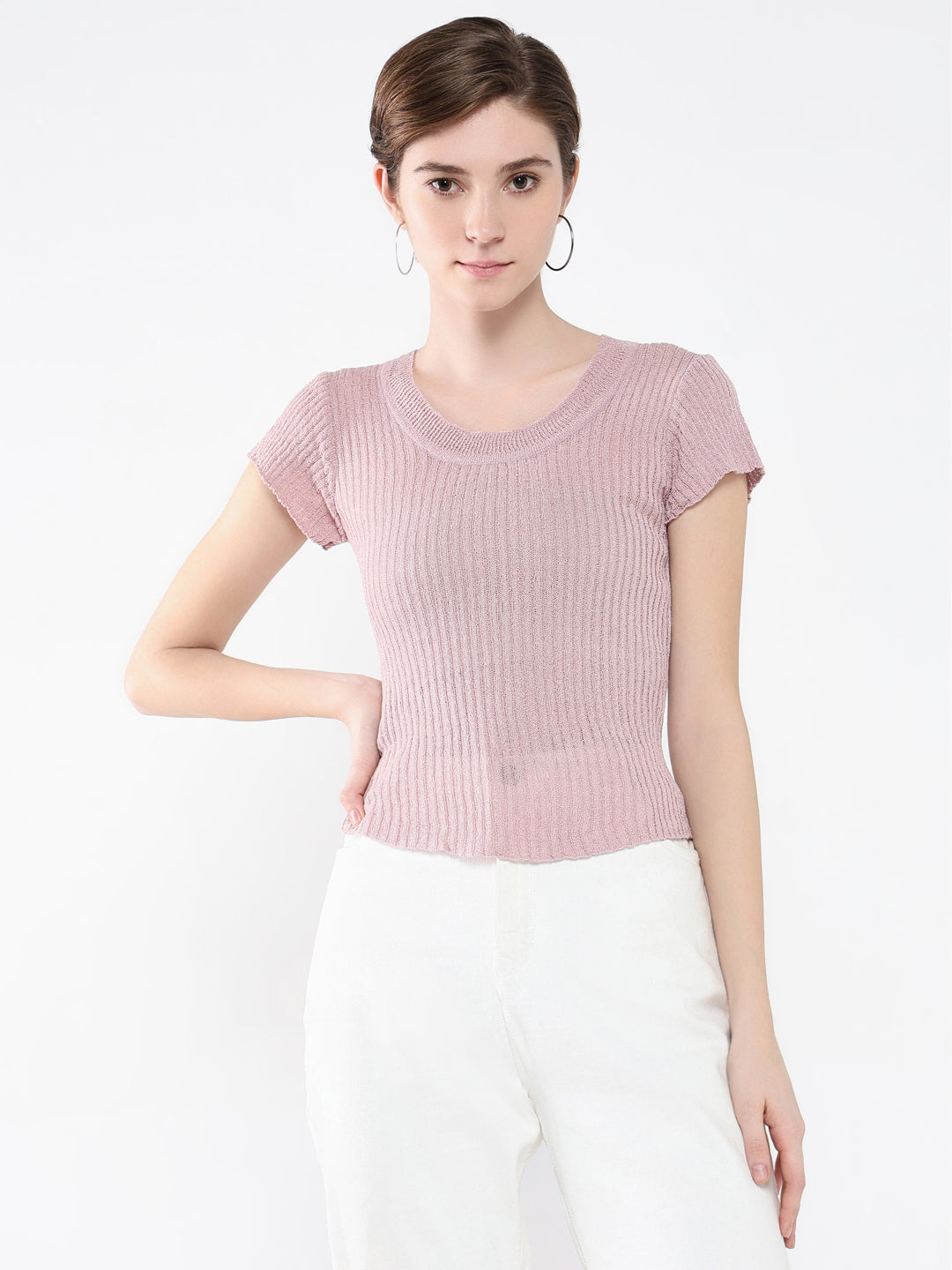 Women's Purple Self Design Round Neck Acrylic Top