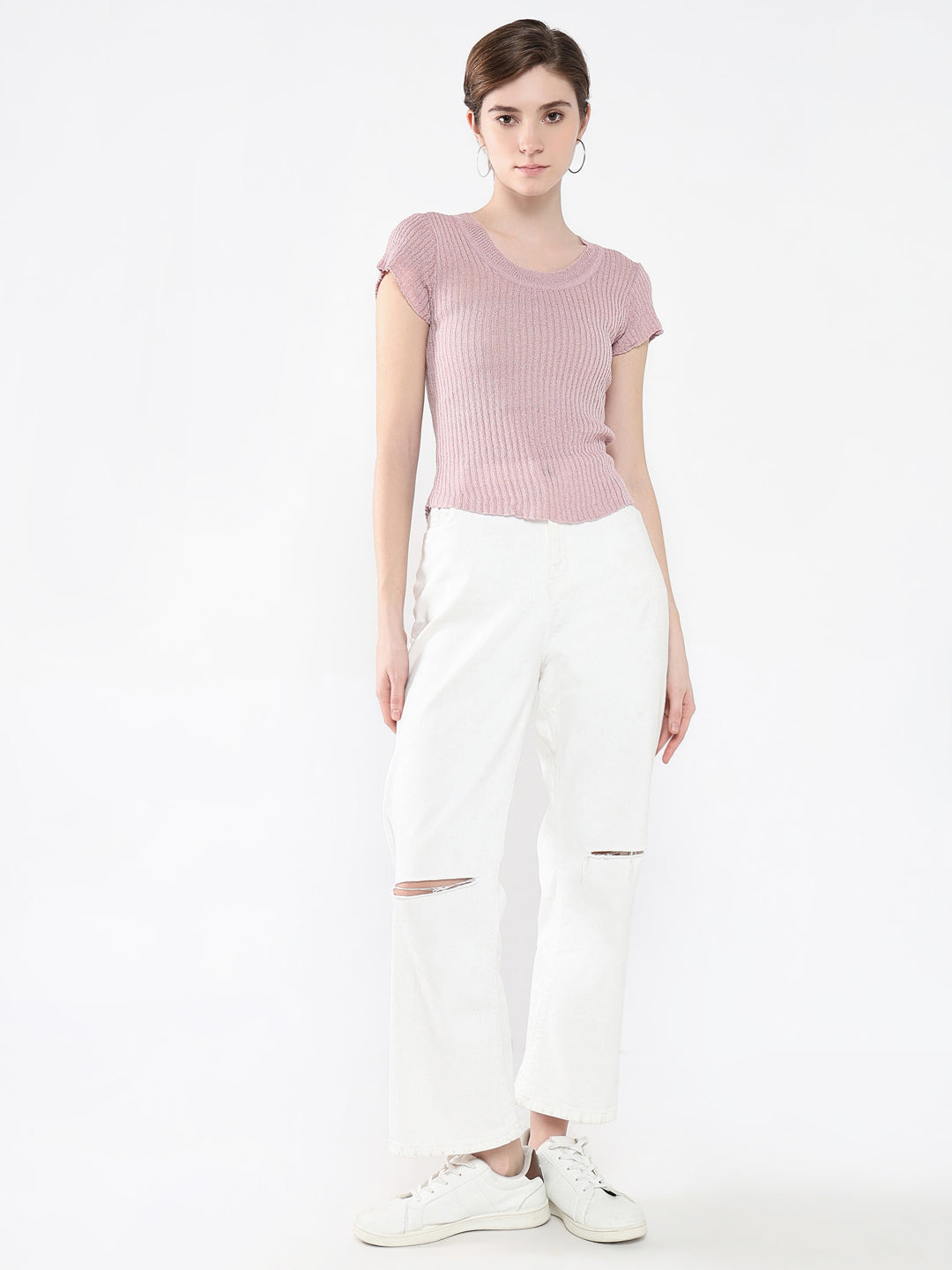 Women's Purple Self Design Round Neck Acrylic Top