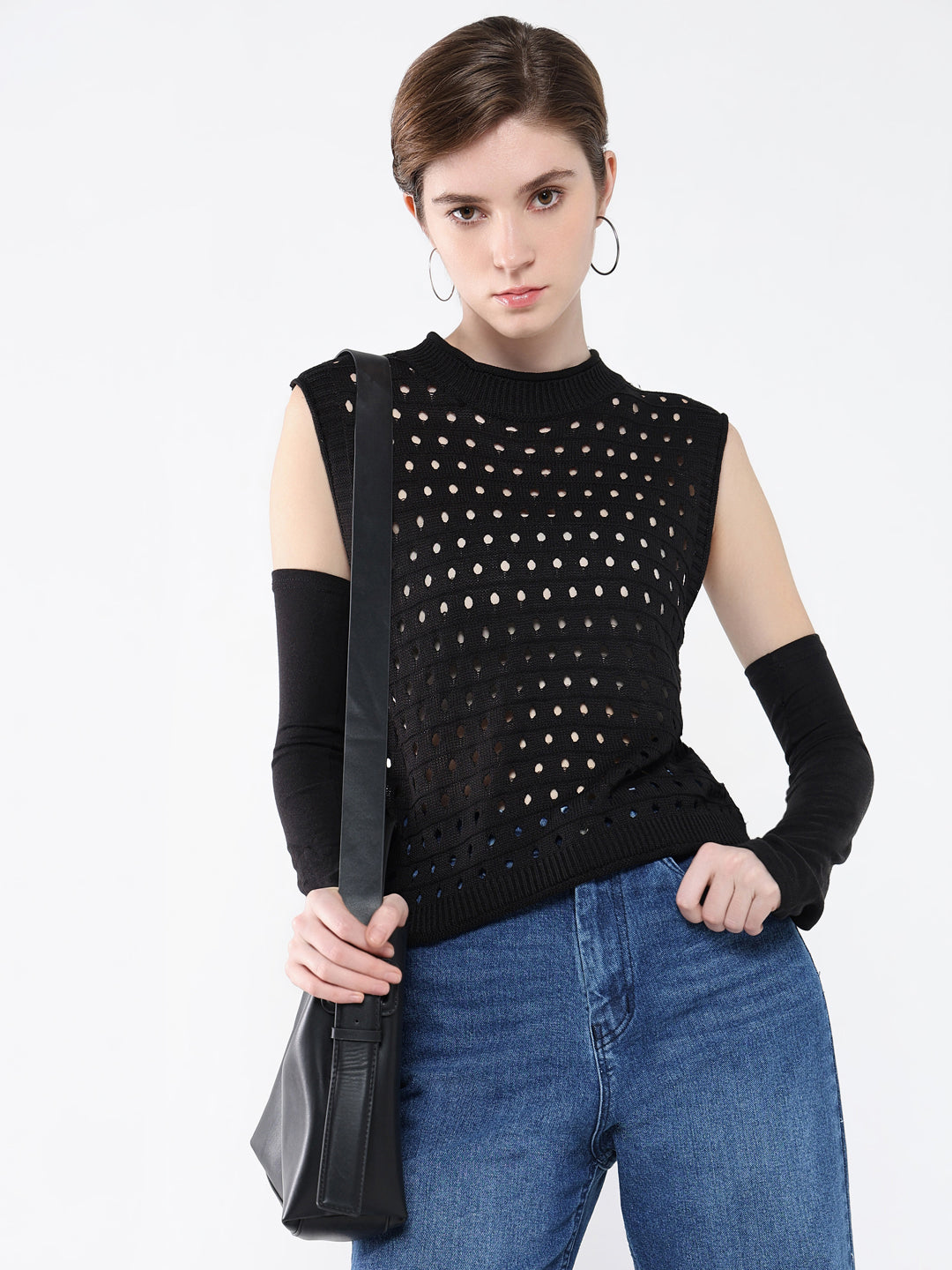 Women's Black Self Design High Neck Acrylic Top