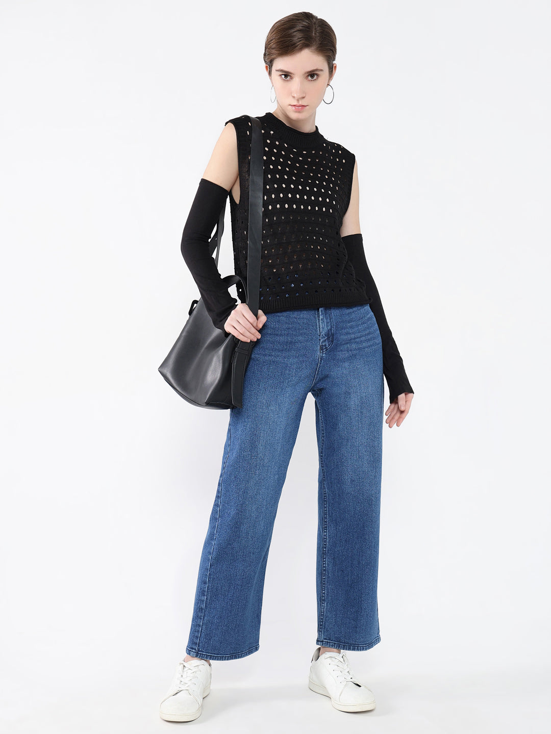 Women's Black Self Design High Neck Acrylic Top