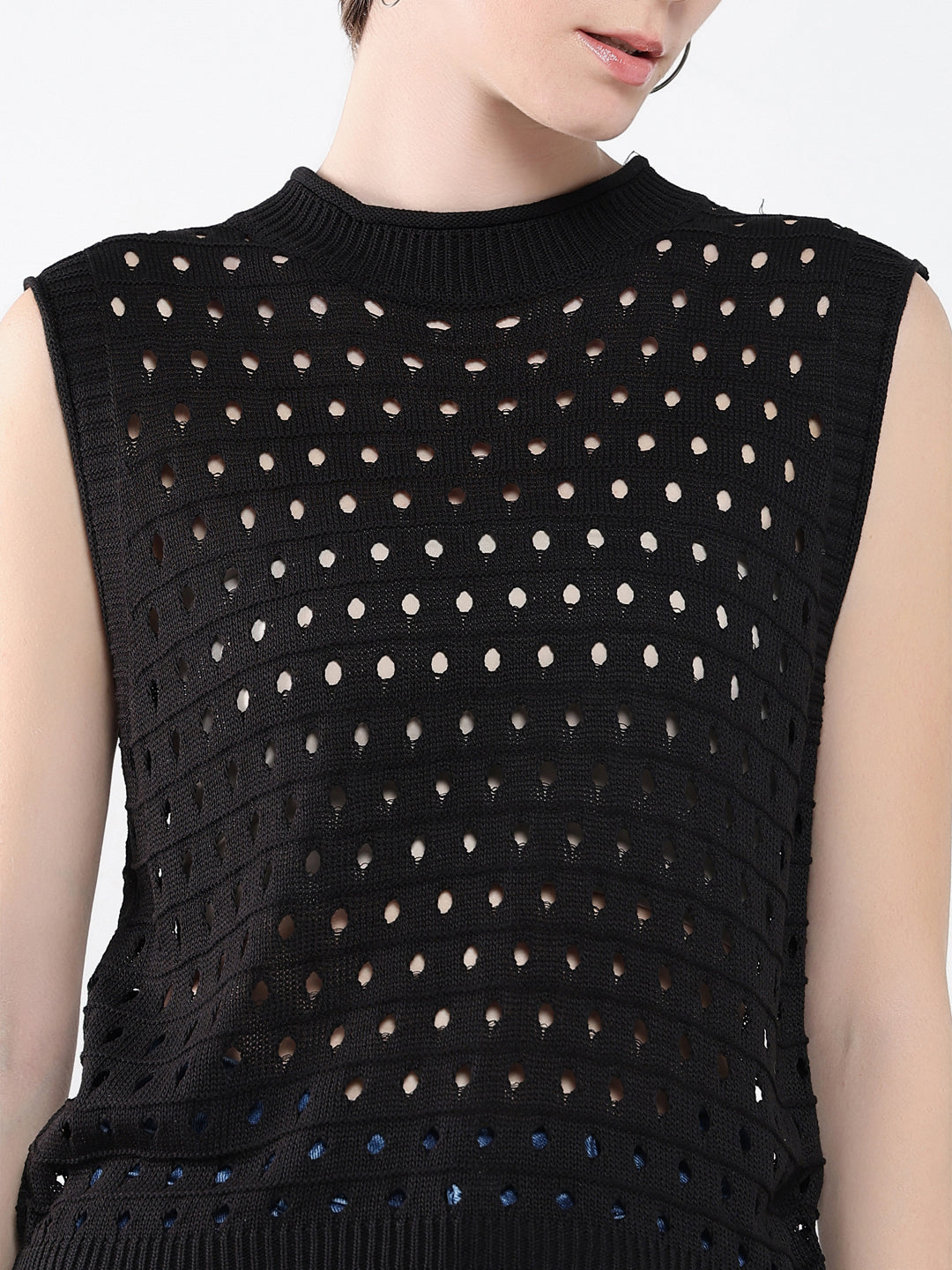 Women's Black Self Design High Neck Acrylic Top