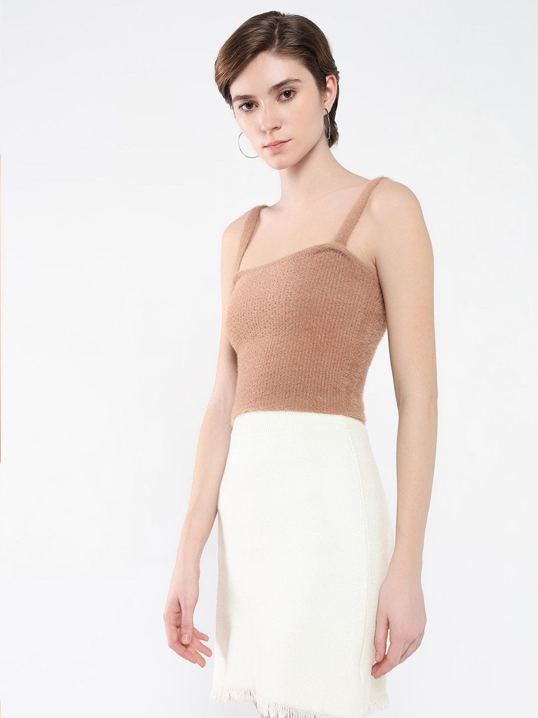 Women's Brown Solid Shoulder Straps Acrylic Top