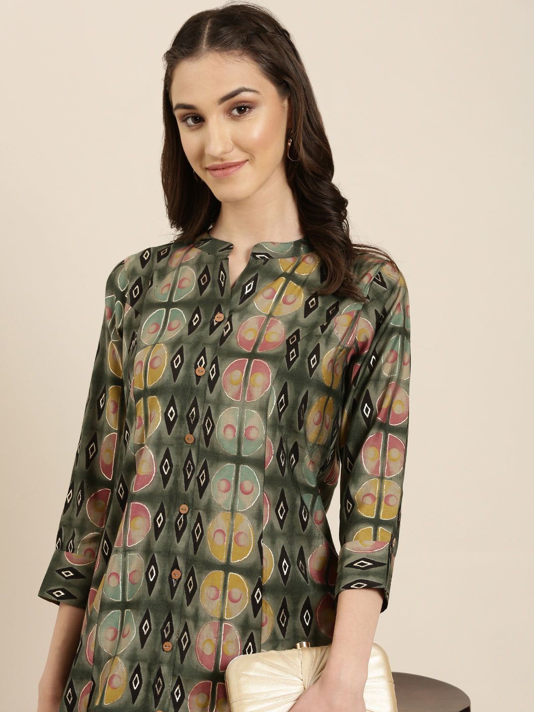 Women's Olive Geometric Printed A-Line Kurta