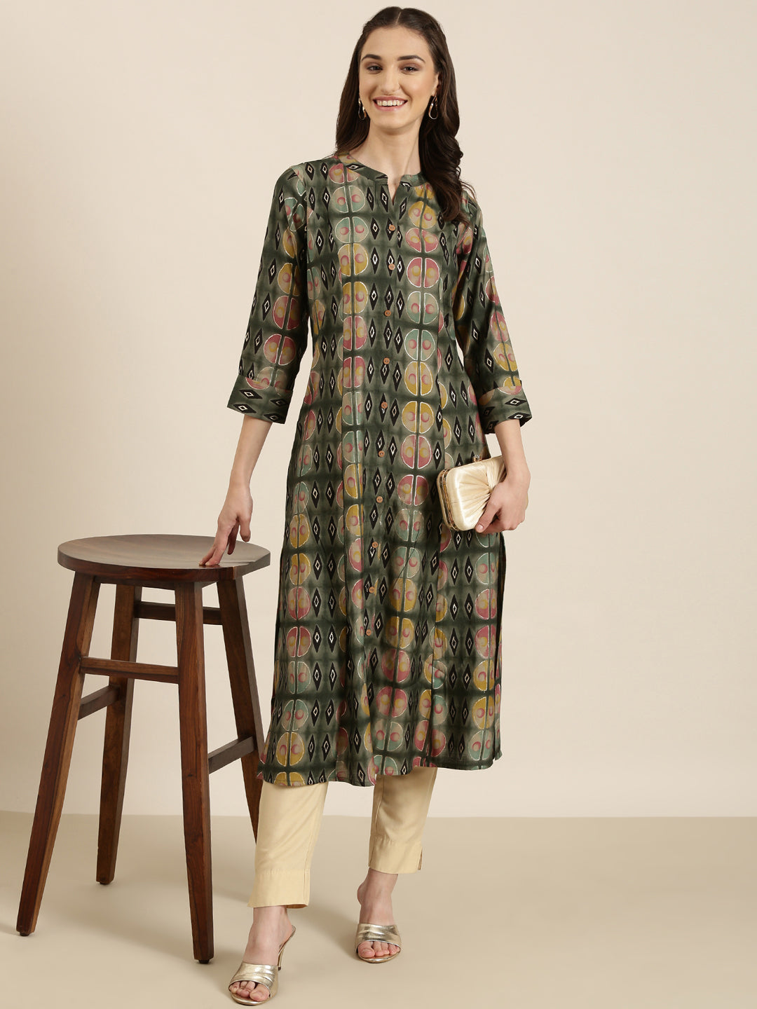 Women's Olive Geometric Printed A-Line Kurta