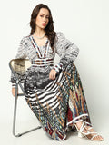 Women's Off White Abstract Printed V-Neck Georgette Fit and Flare Dress