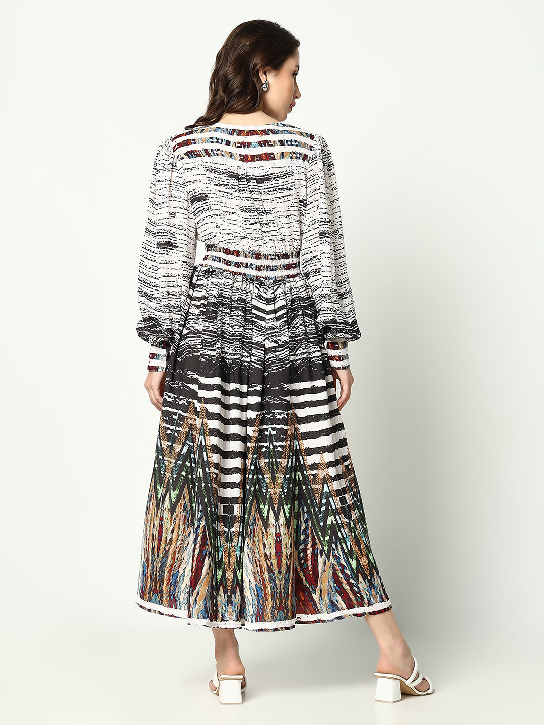 Women's Off White Abstract Printed V-Neck Georgette Fit and Flare Dress