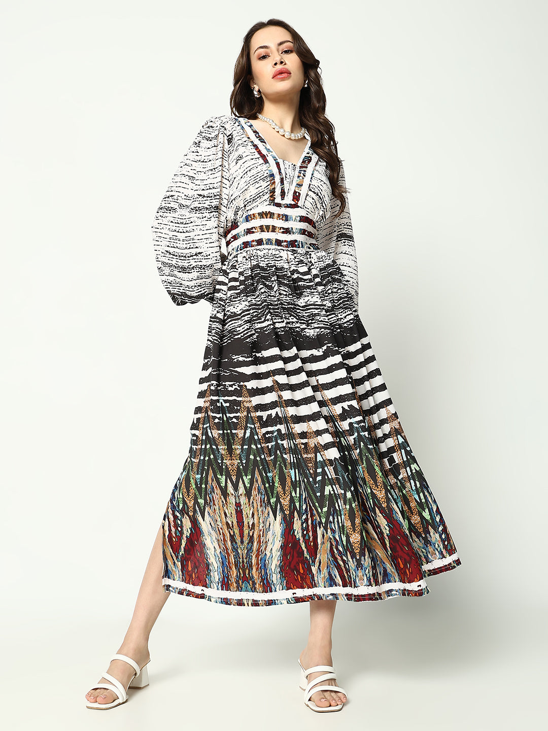 Women's Off White Abstract Printed V-Neck Georgette Fit and Flare Dress