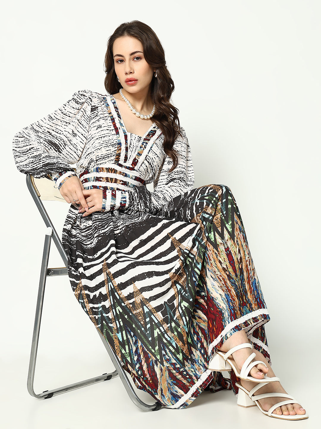Women's Off White Abstract Printed V-Neck Georgette Fit and Flare Dress