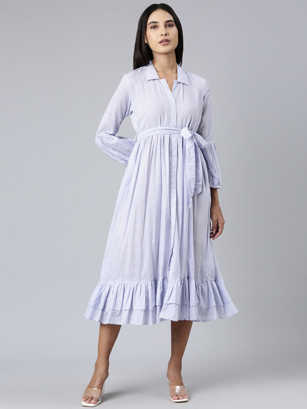 Women's Blue Striped Belt Collar Puff Sleeves Cotton Fit and Flare Dress