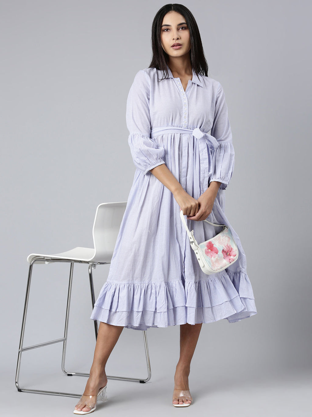 Women's Blue Striped Belt Collar Puff Sleeves Cotton Fit and Flare Dress