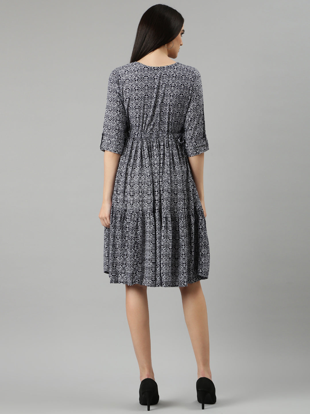 Women's Navy Blue Geometric Printed Roll Up Sleeves Fit And Flare Dress