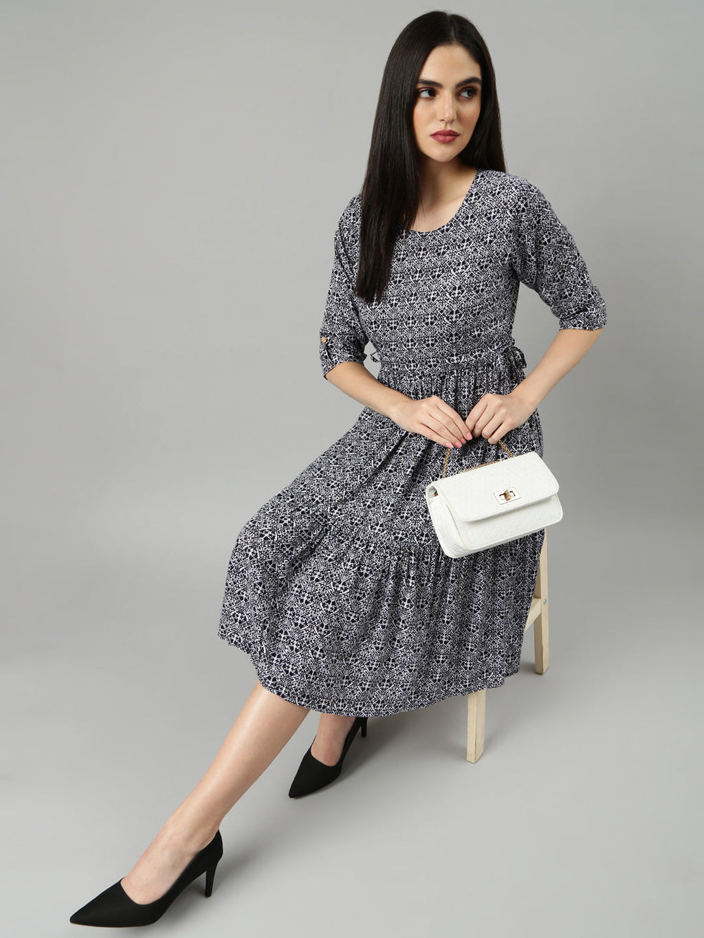 Women's Navy Blue Geometric Printed Roll Up Sleeves Fit And Flare Dress