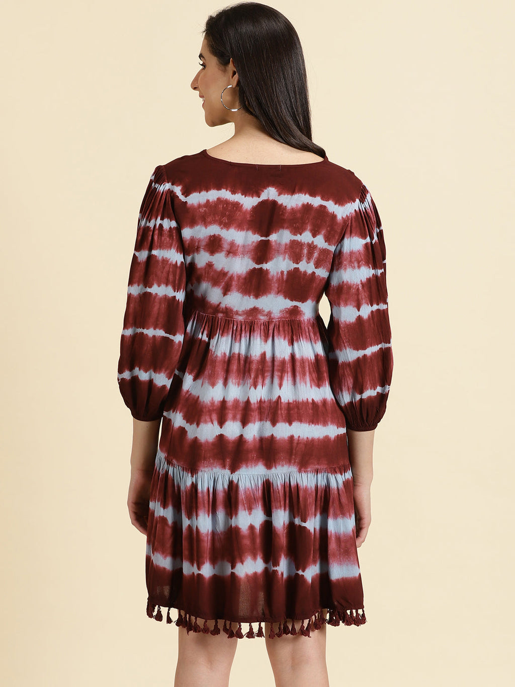 Women's Red V-Neck Tie and Dye Tiered Crepe A-Line Dress