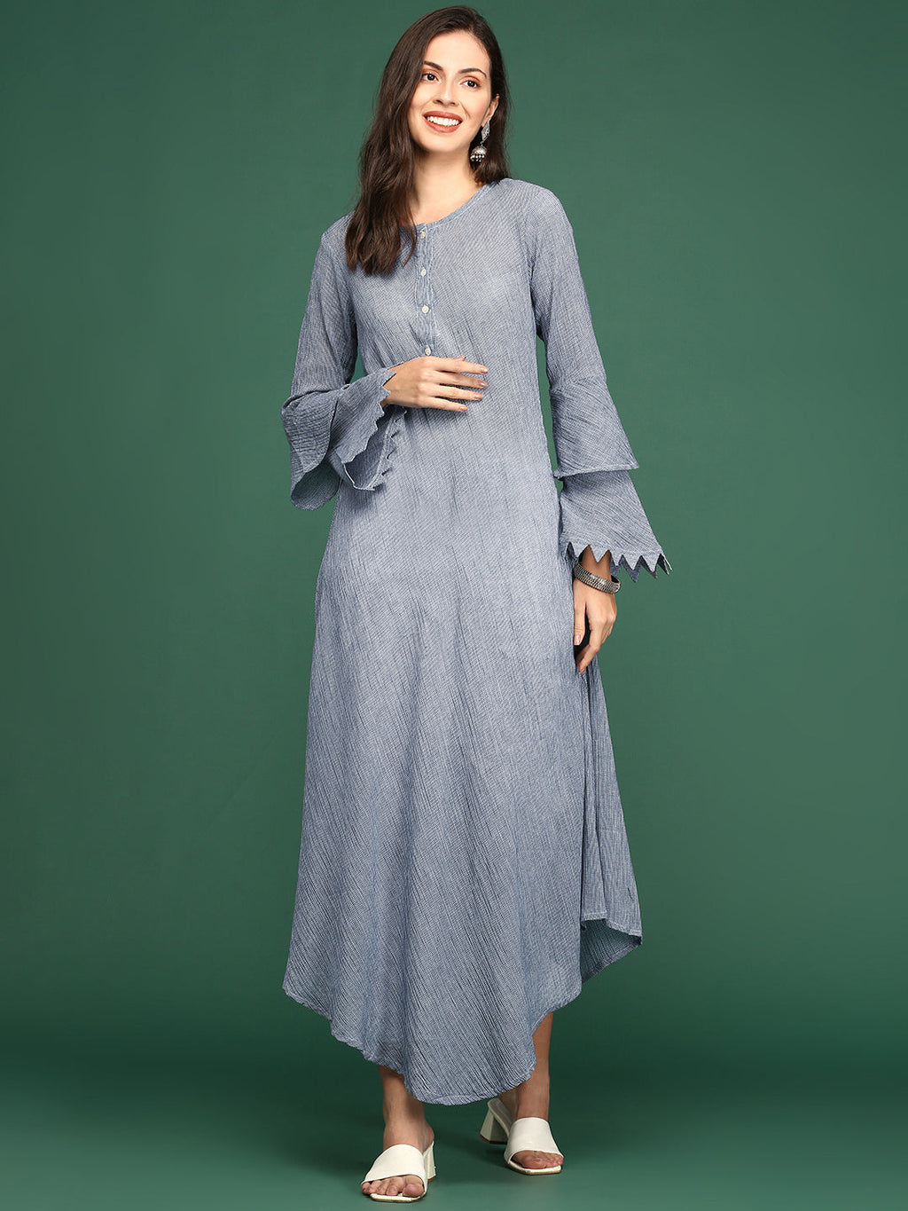 Women's Navy Blue Woven Design Round Neck A-Line Kurta